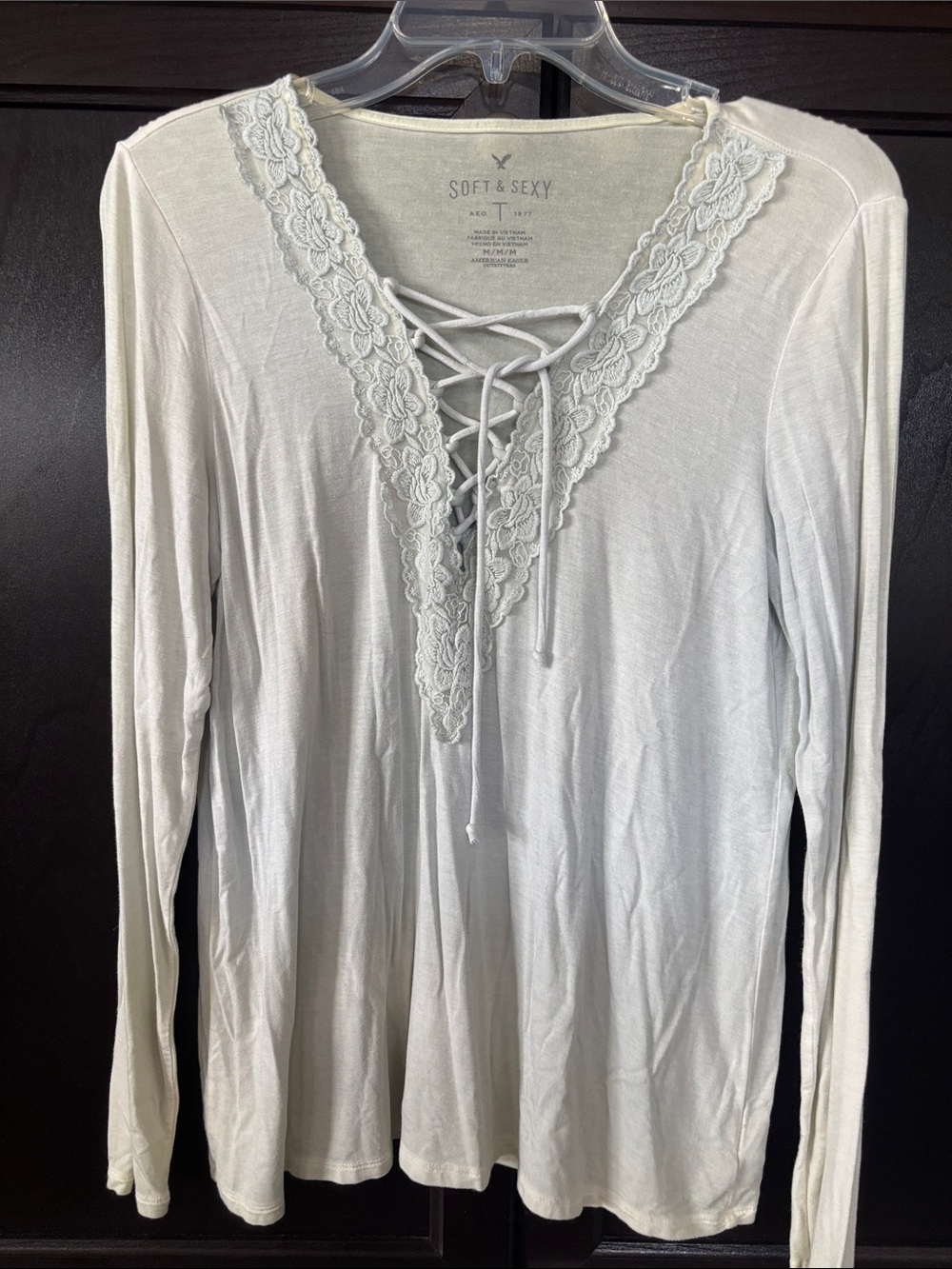 American Eagle Outfitters Lace-Up V-Neck Long Sleeve Top - Light Gray